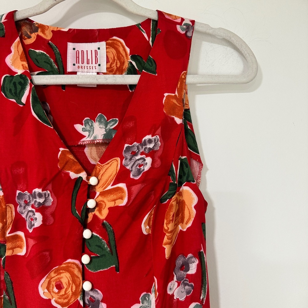 Vintage Adlib Dresses 90s Red Floral Rayon Midi Dress Size 5 Lace Up Back